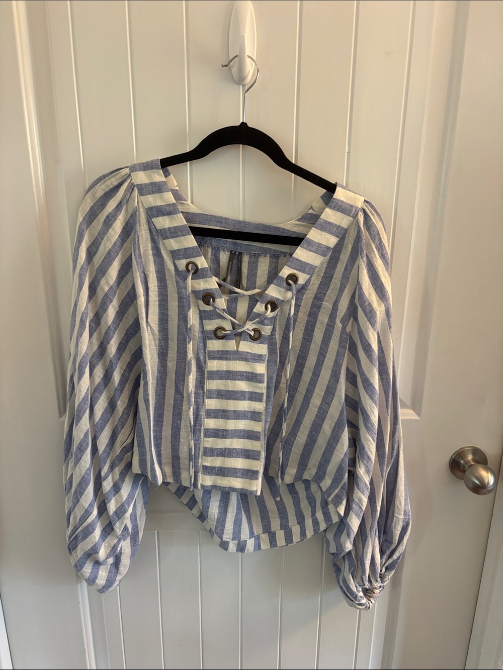 Anthropologie Blue and White Striped Lace-Up Peasant Tunic